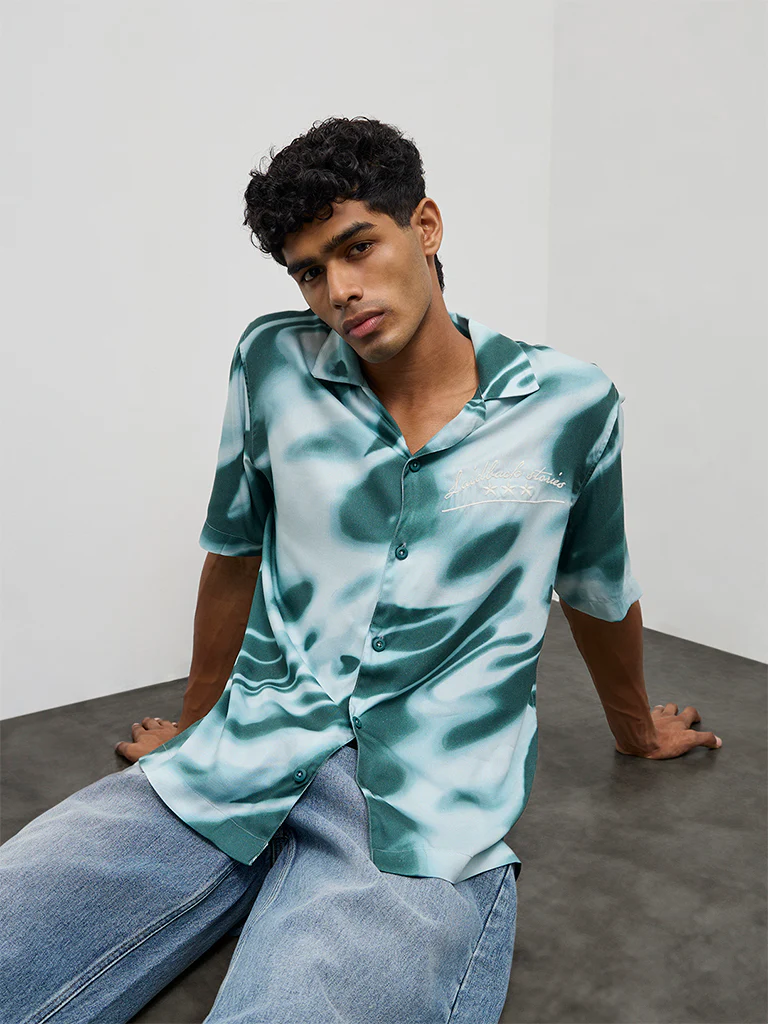 Nuon Teal Abstract Printed Relaxed-Fit Cotton Shirt - Image 2