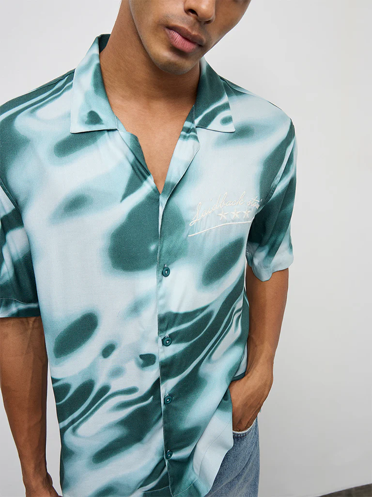 Nuon Teal Abstract Printed Relaxed-Fit Cotton Shirt - Image 3