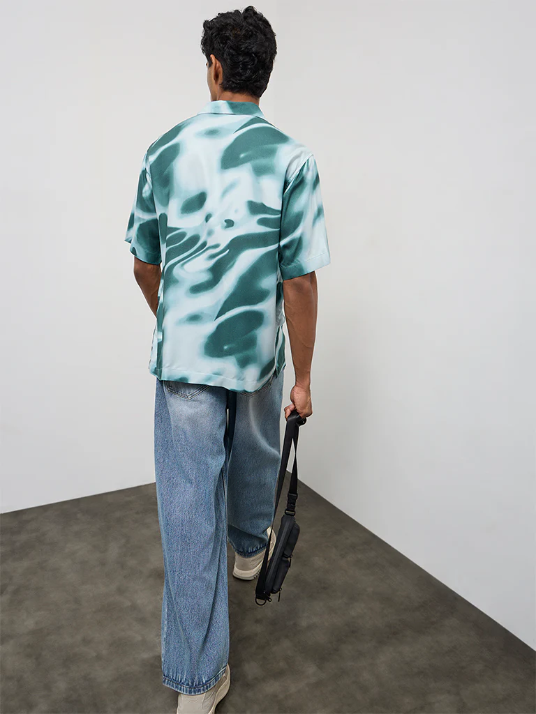 Nuon Teal Abstract Printed Relaxed-Fit Cotton Shirt - Image 4