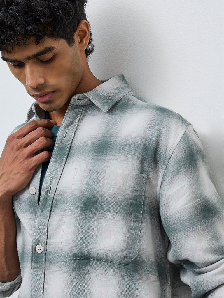 Nuon Teal Checkered Relaxed-Fit Cotton Shirt - Image 3