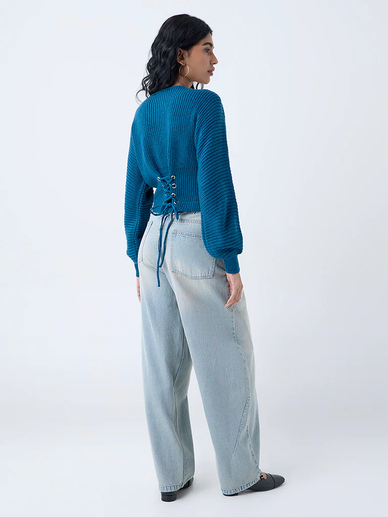 Nuon Teal Knit-Textured Sweater - Image 4