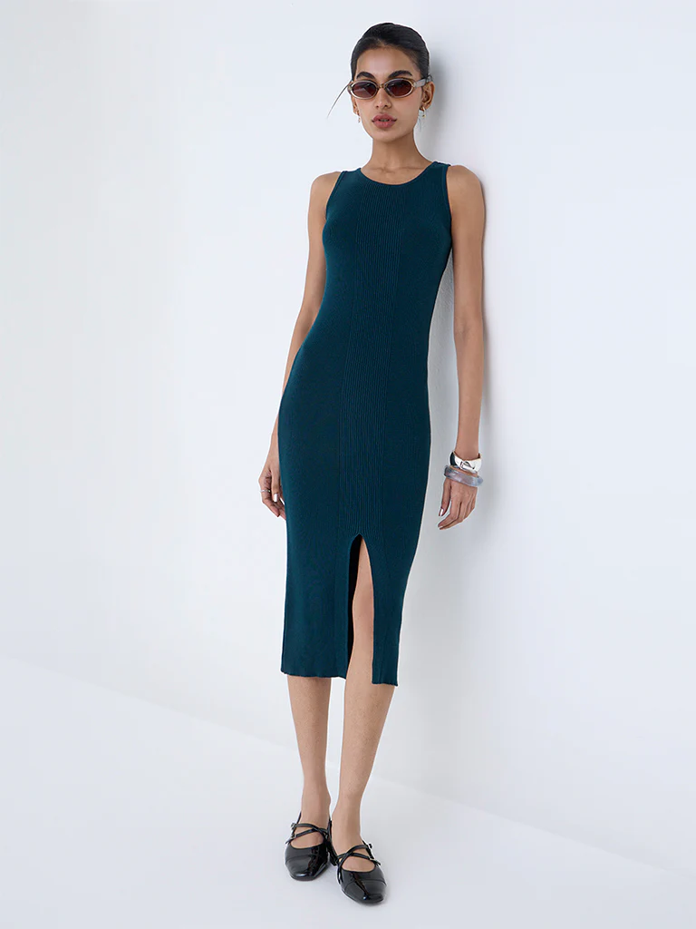 Nuon Teal Ribbed Cotton Bodycon Dress - Image 2