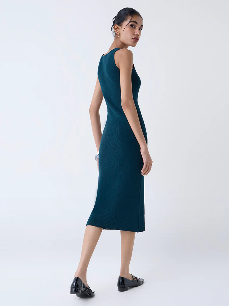 Nuon Teal Ribbed Cotton Bodycon Dress - Image 4