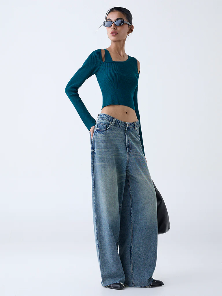 Nuon Teal Ribbed-Textured Top - Image 2