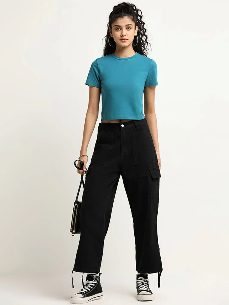 Nuon Teal Solid Cotton Crop T-Shirt - Image 3