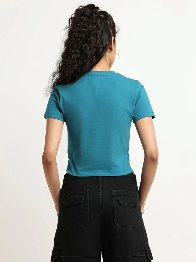 Nuon Teal Solid Cotton Crop T-Shirt - Image 4