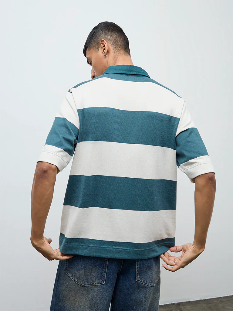 Nuon Teal Striped Relaxed Fit Cotton-Blend Polo T-Shirt - Image 4