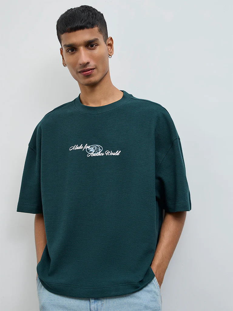 Nuon Teal Text Oversized Fit Cotton T-Shirt