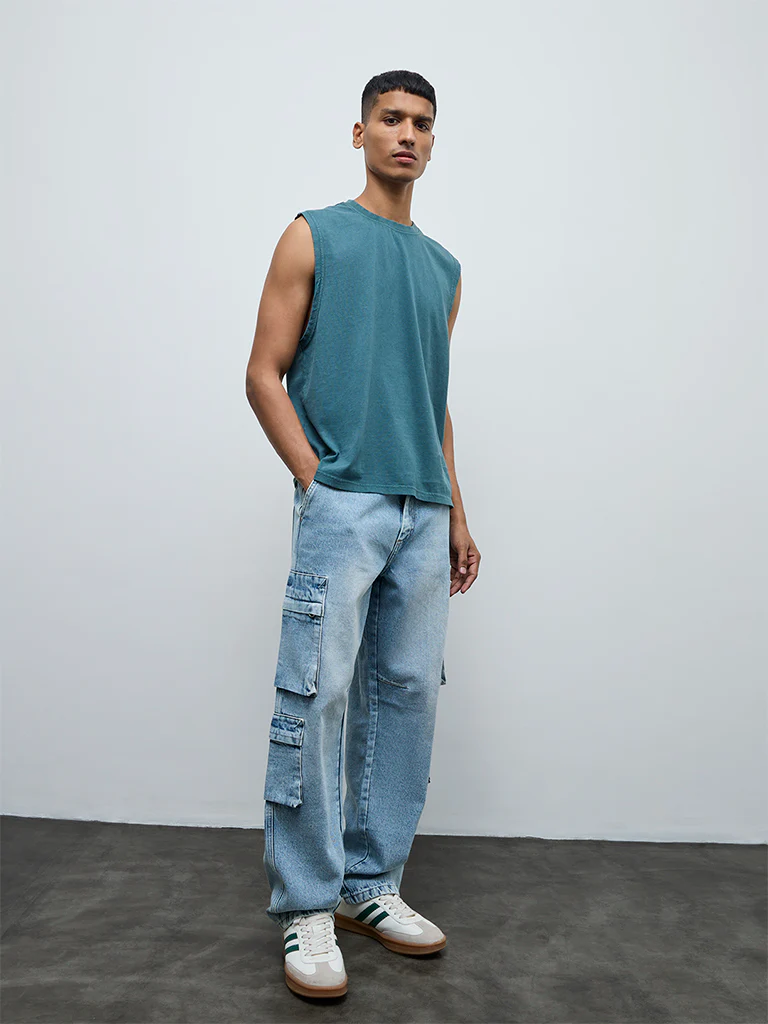 Nuon Teal Text Relaxed-Fit Cotton T-Shirt - Image 2