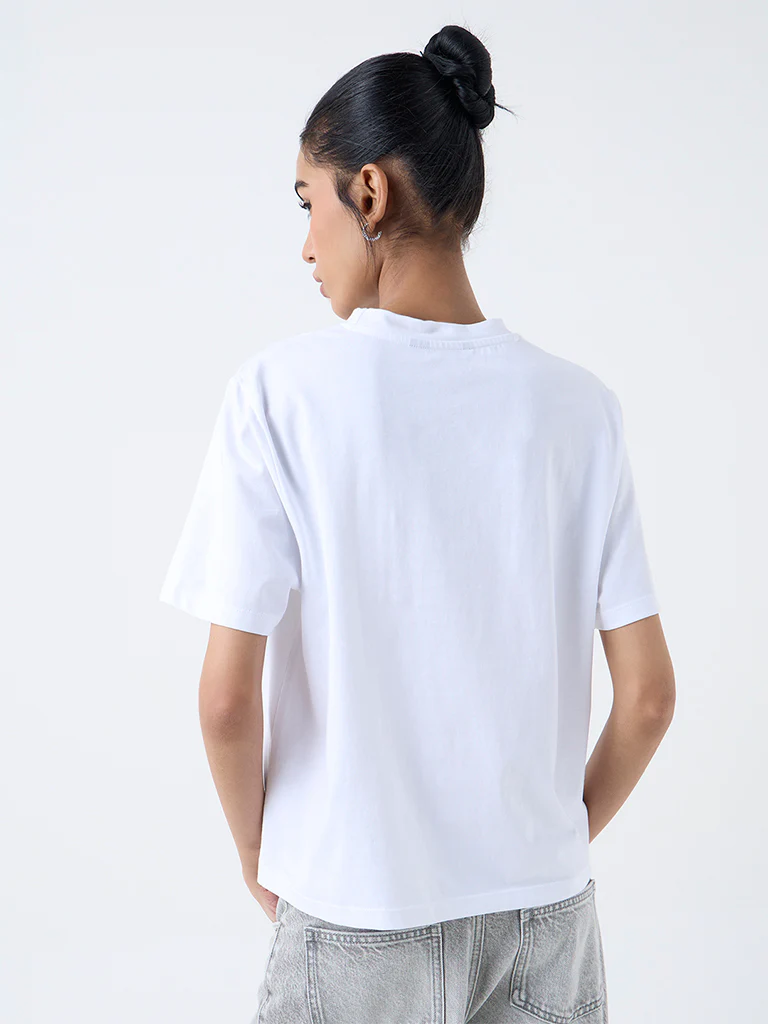 Nuon White Butterfly Printed Cotton T-Shirt - Image 4