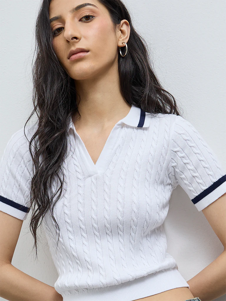 Nuon White Cable-Knit Textured T-Shirt - Image 3