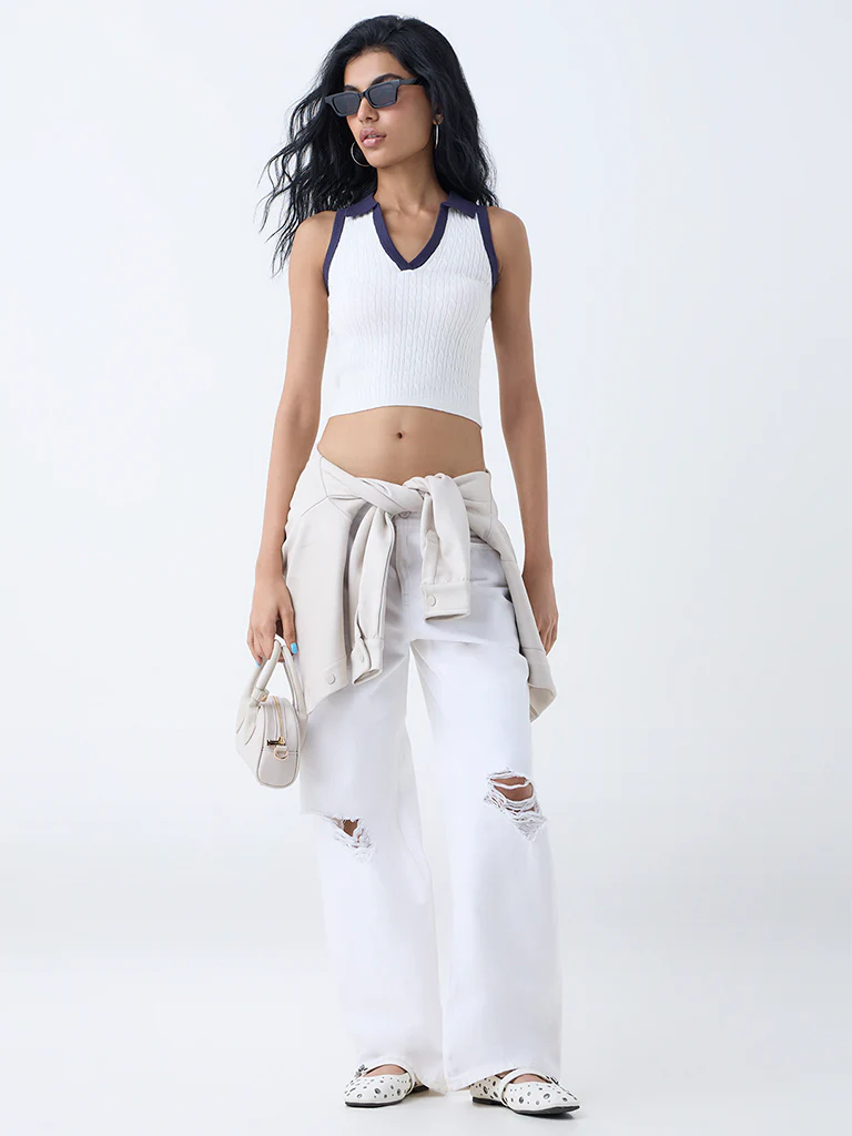 Nuon White Cable-Knitted Top