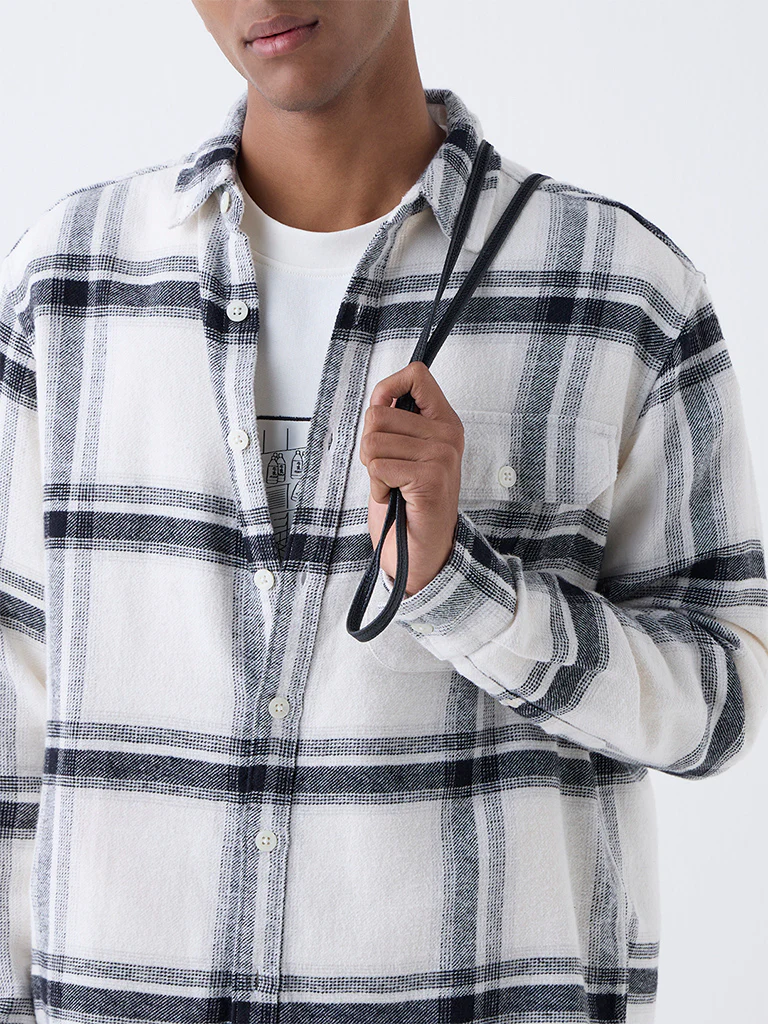 Nuon White Checks Pattern Relaxed-Fit Cotton Shirt - Image 3