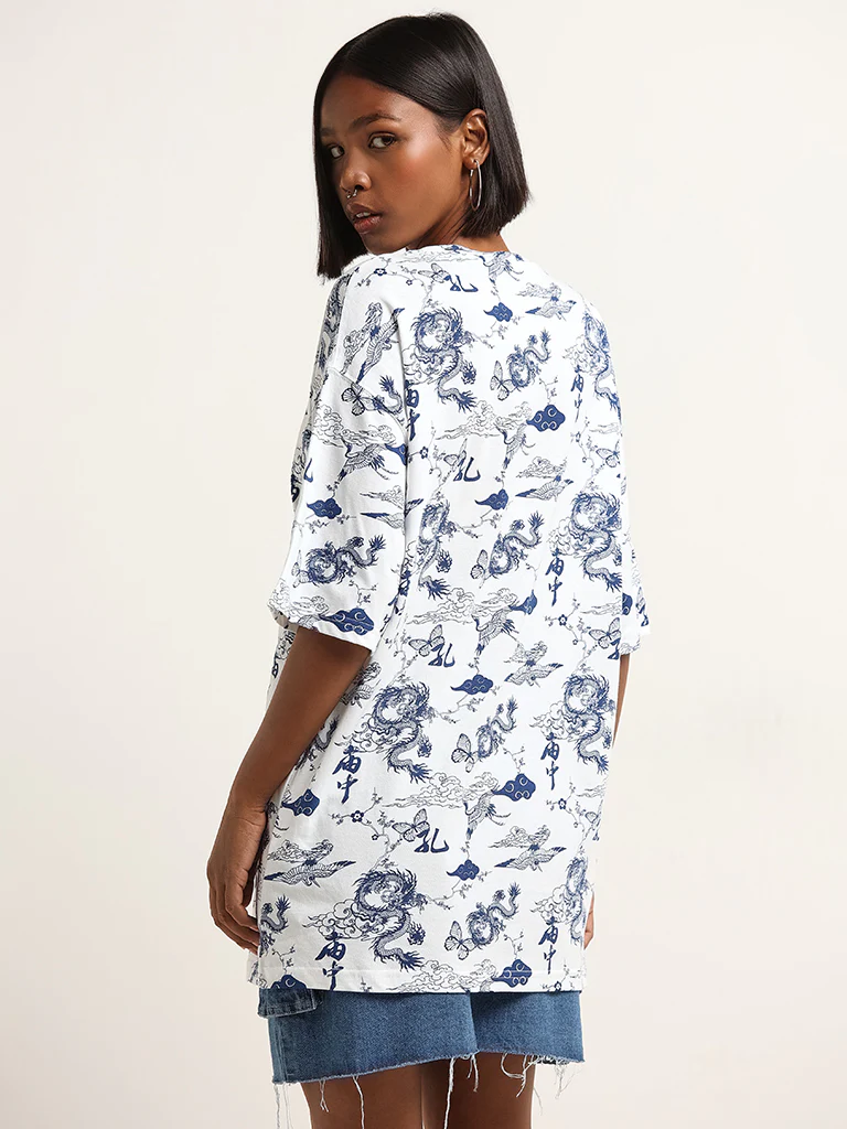 Nuon White Contrast Print Cotton Oversized T-Shirt - Image 4