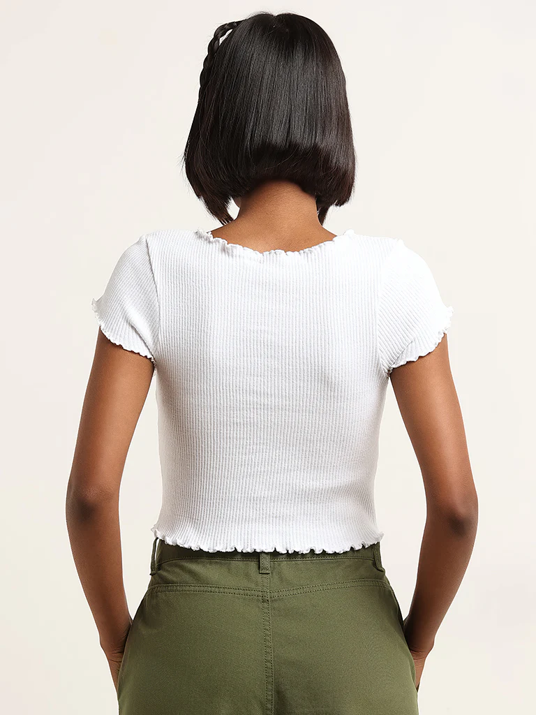 Nuon White Cotton-Blend Ribbed Top - Image 4