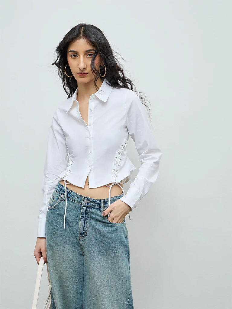 Nuon White Criss-Cross Detailed Cotton Shirt