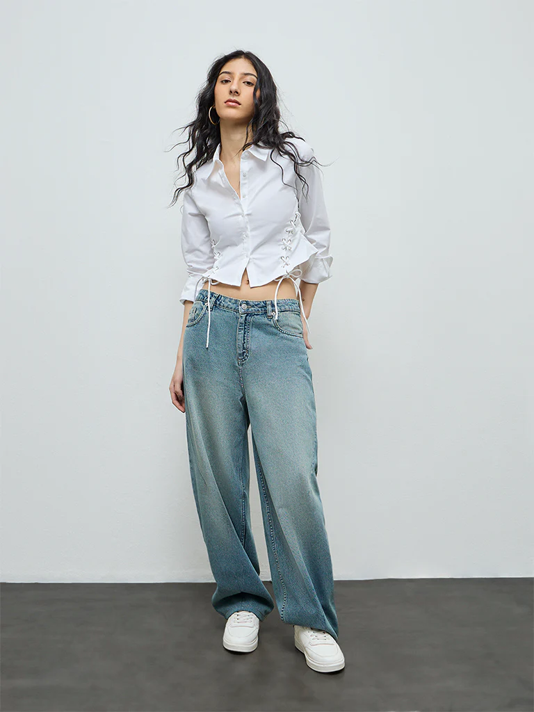 Nuon White Criss-Cross Detailed Cotton Shirt - Image 2