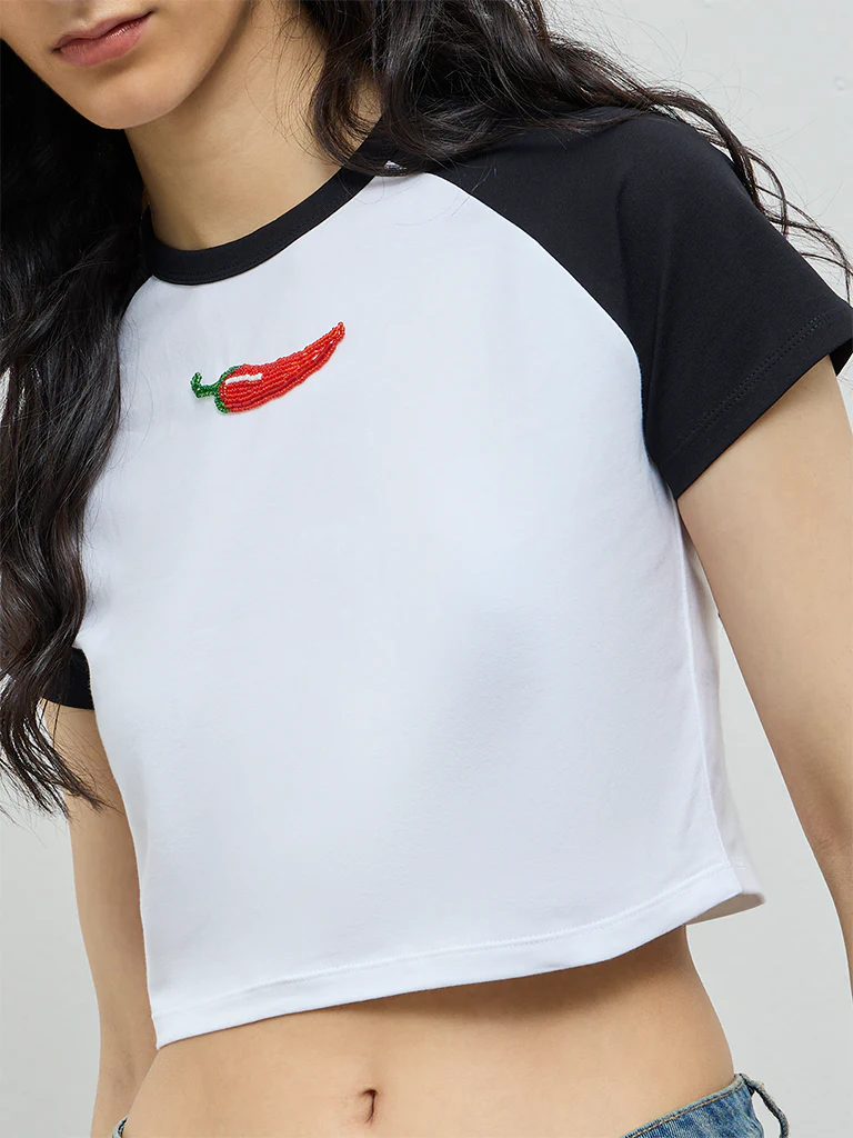 Nuon White Embellished Cotton-Blend Crop T-Shirt - Image 3