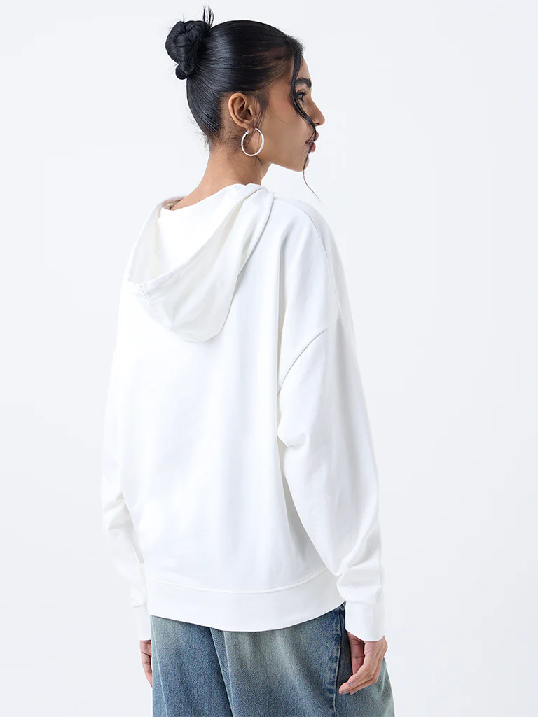 Nuon White Embroidered Cotton Hoodie - Image 4