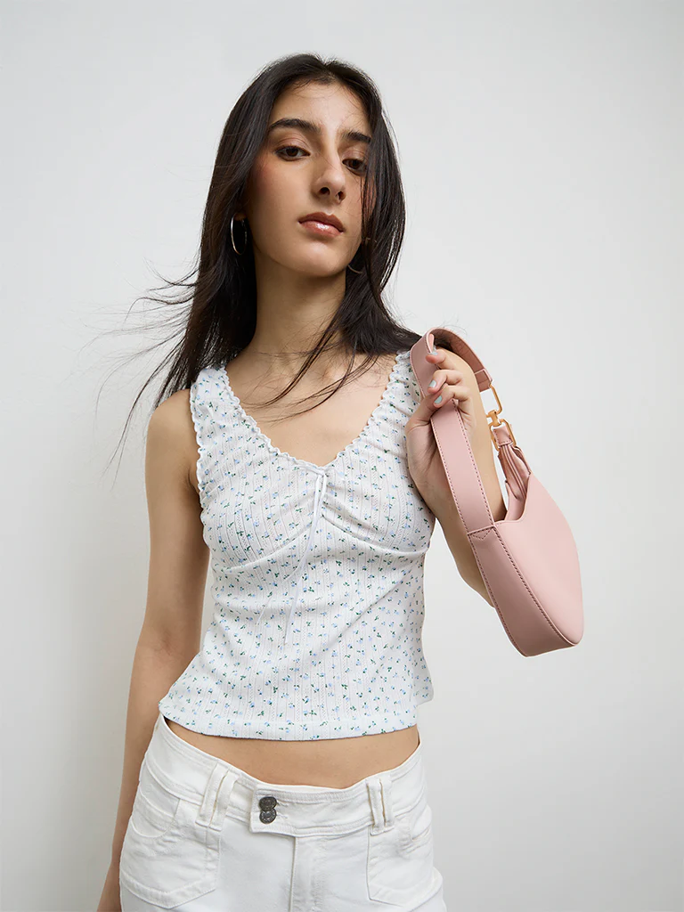 Nuon White Floral Design Cotton-Blend Top