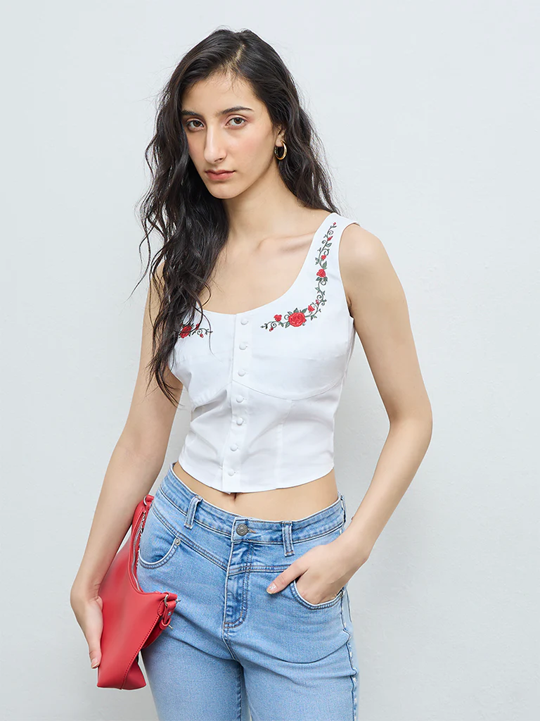 Nuon White Floral Embroidered Cotton Top