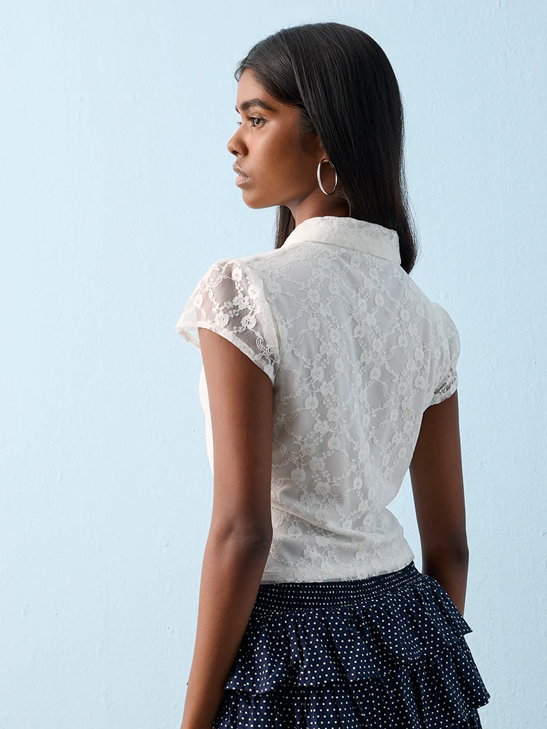 Nuon White Floral Lace Detailed Polo T-Shirt - Image 4