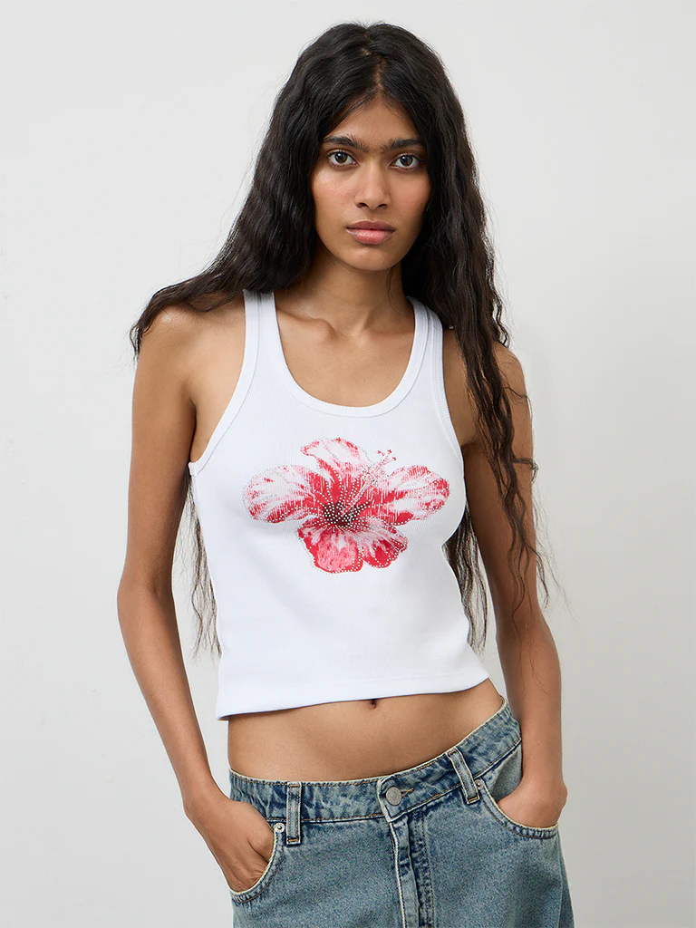 Nuon White Floral Printed Cotton-Blend Top - Image 3