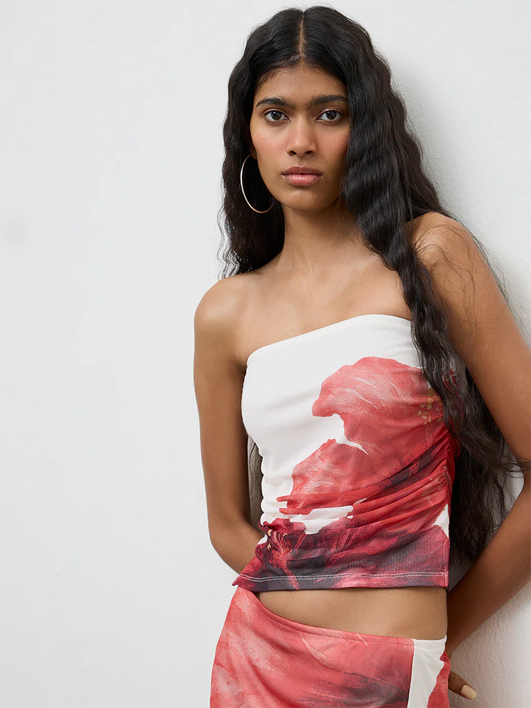 Nuon White Floral Printed Ruched Tube Top - Image 2