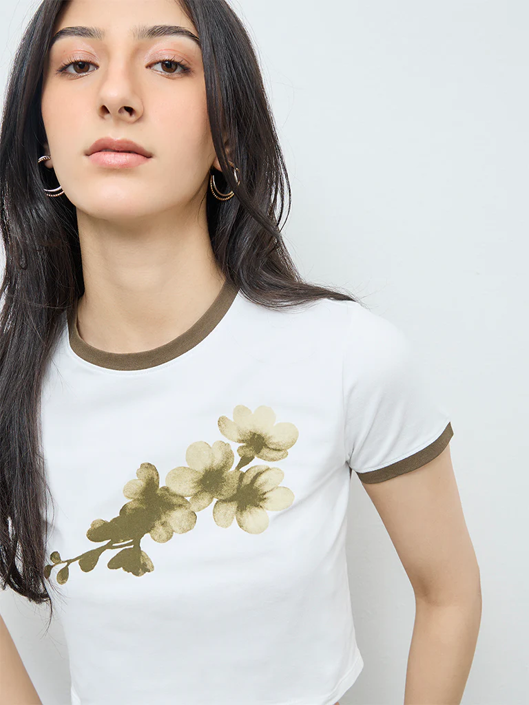 Nuon White Foliage Printed Cotton-Blend T-Shirt - Image 3