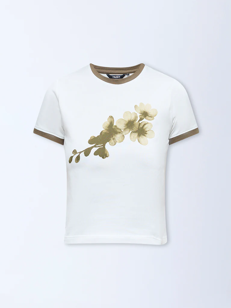 Nuon White Foliage Printed Cotton-Blend T-Shirt - Image 5