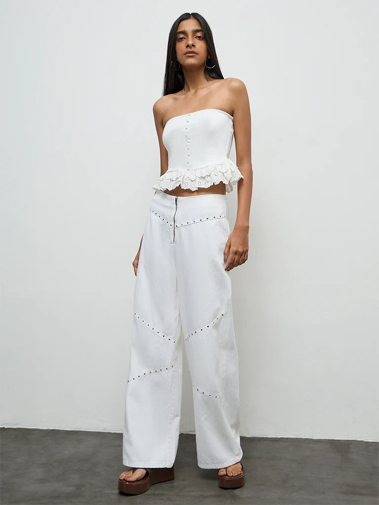 Nuon White Frill-Detailed Cotton-Blend Tube Top