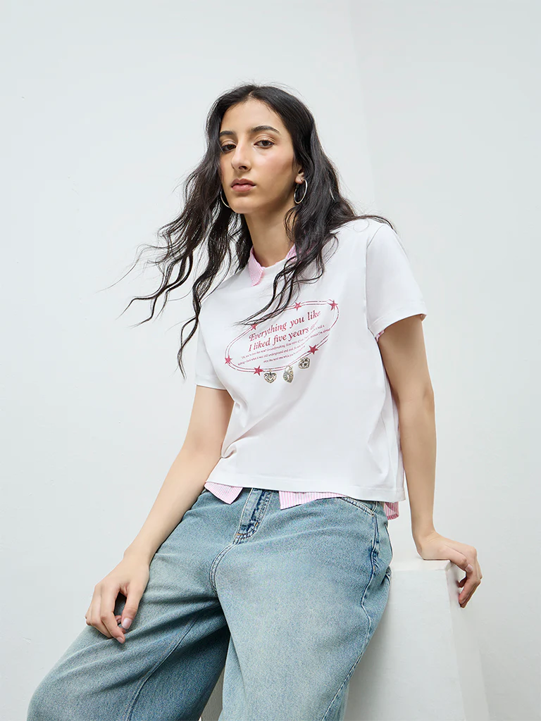 Nuon White Graphic Cotton T-Shirt