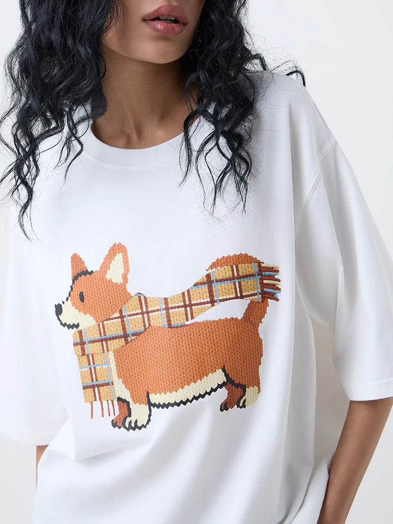 Nuon White Graphic Design Oversized Cotton T-Shirt - Image 3