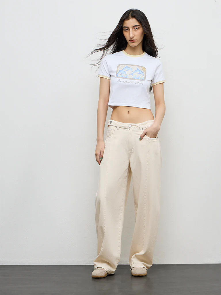 Nuon White Graphic Printed Cotton-Blend T-Shirt - Image 2