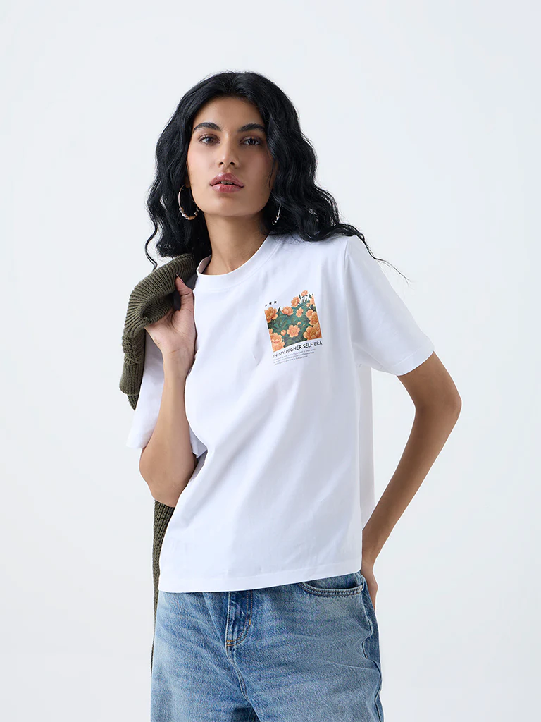 Nuon White Graphic Printed Cotton T-Shirt - Image 2