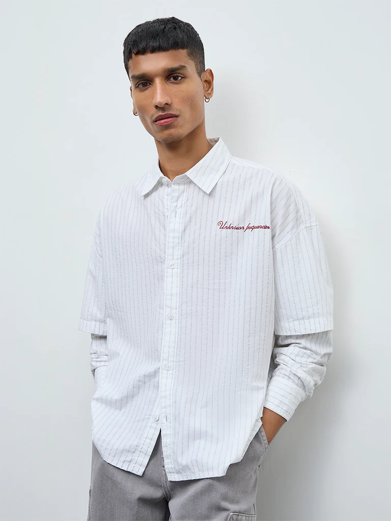 Nuon White Pinstriped Relaxed Fit Cotton Shirt