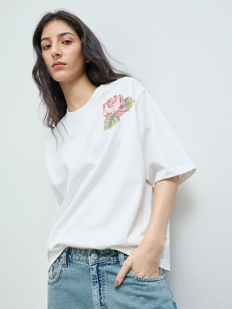 Nuon White Printed Cotton T-Shirt - Image 2