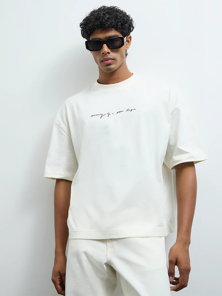 Nuon White Printed Oversized Cotton T-Shirt