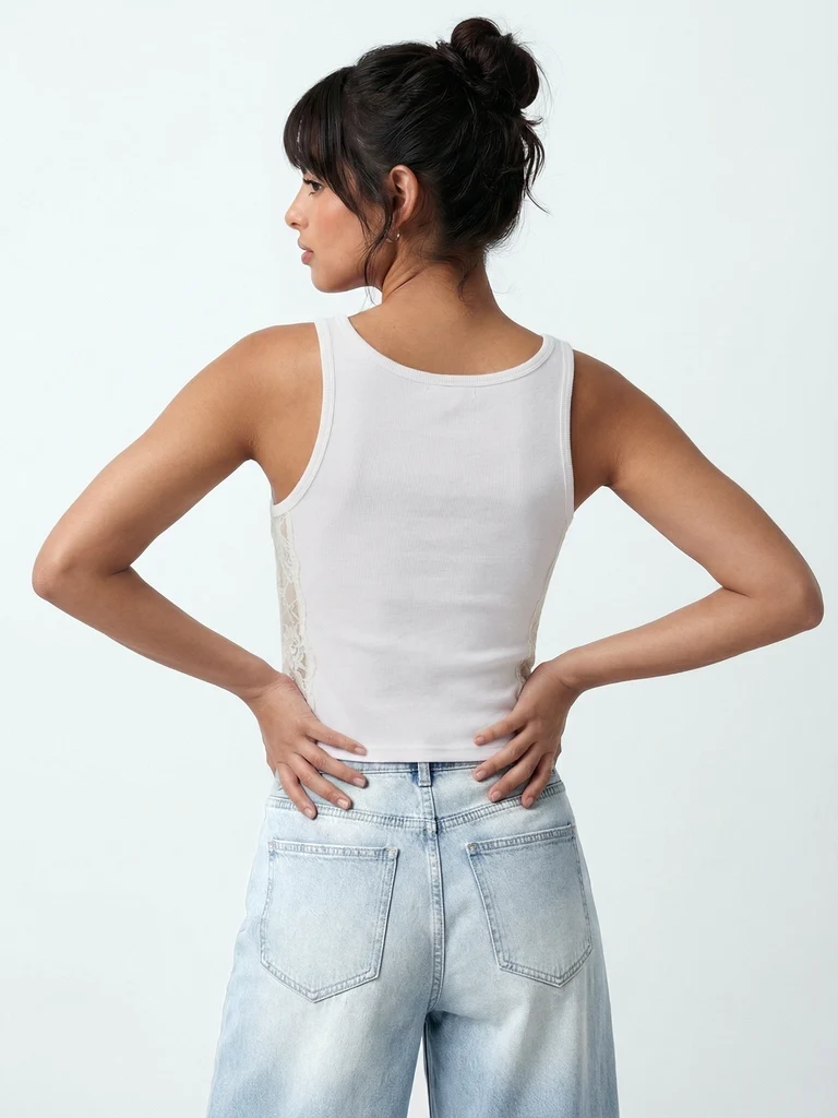 Nuon White Ribbed Graphic Cotton-Blend Tank Top - Image 4