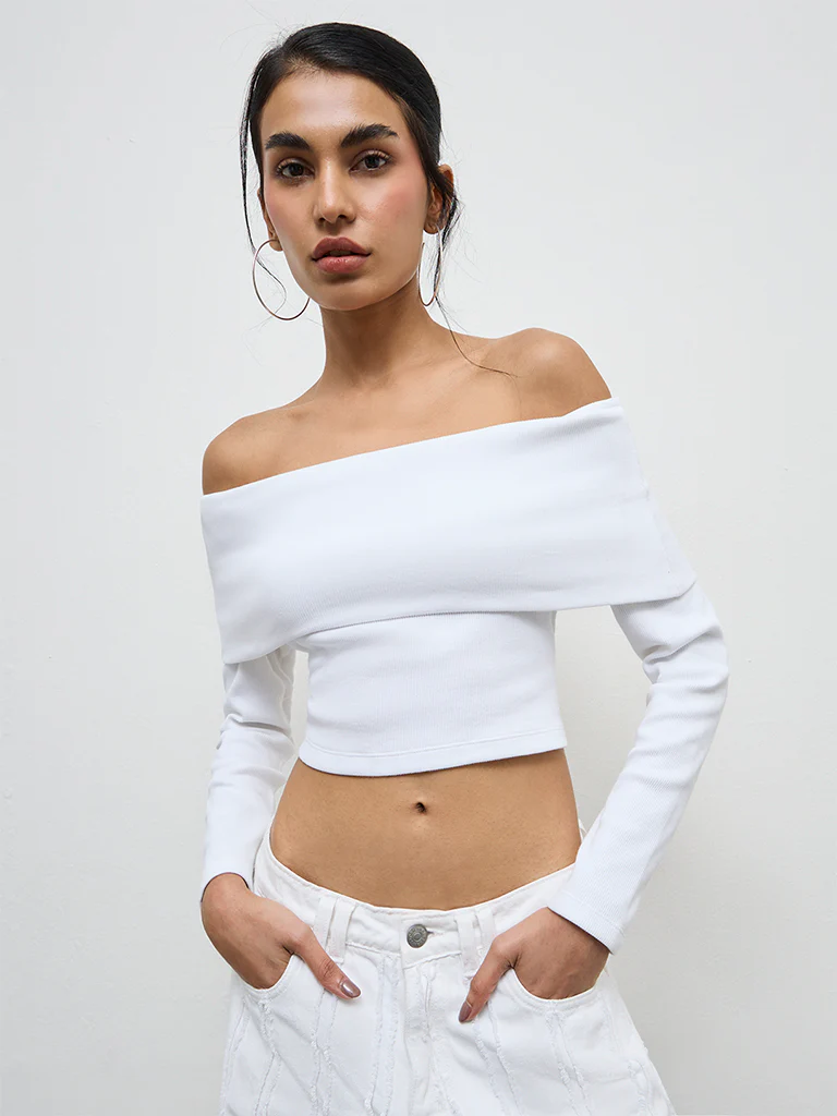 Nuon White Ribbed Off-Shoulder Cotton Top