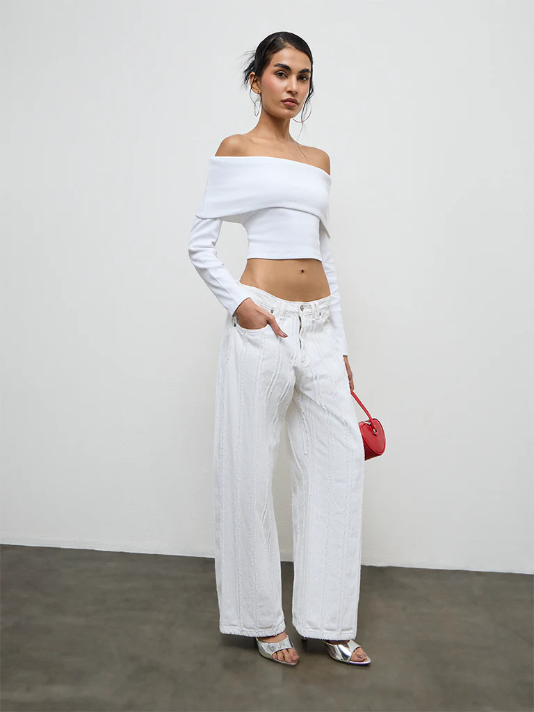 Nuon White Ribbed Off-Shoulder Cotton Top - Image 2