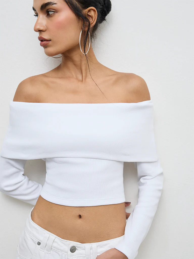 Nuon White Ribbed Off-Shoulder Cotton Top - Image 3