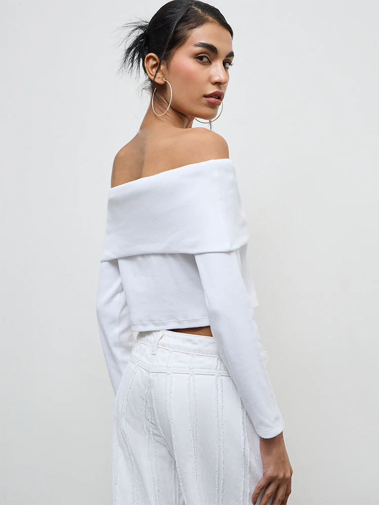Nuon White Ribbed Off-Shoulder Cotton Top - Image 4