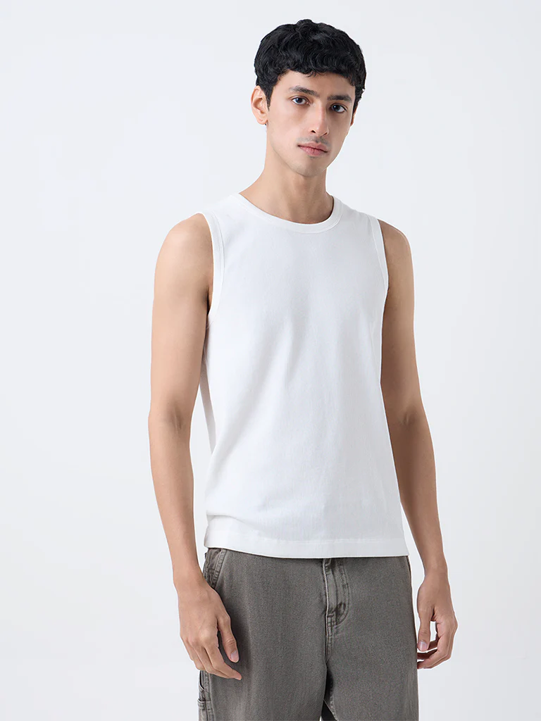 Nuon White Ribbed Slim-Fit Cotton-Blend T-Shirt - Image 3