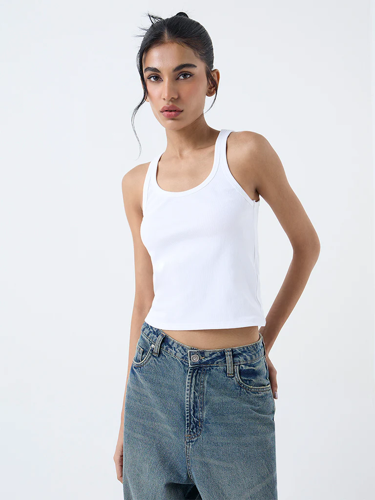 Nuon White Ribbed Tank Cotton-Blend Top