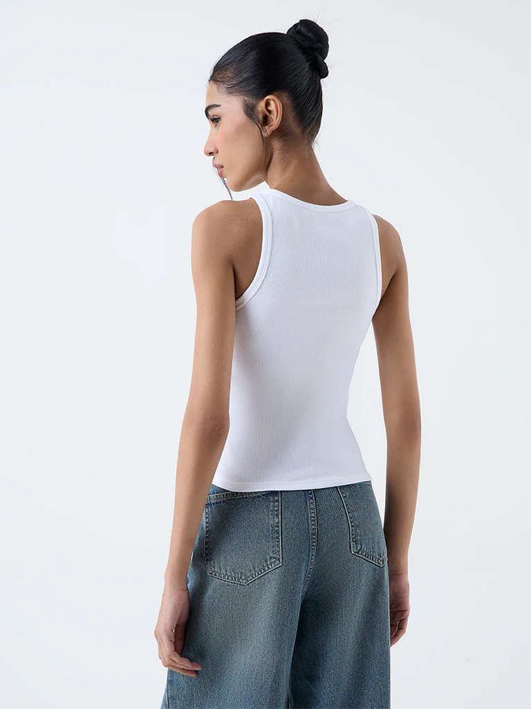 Nuon White Ribbed Tank Cotton-Blend Top - Image 4