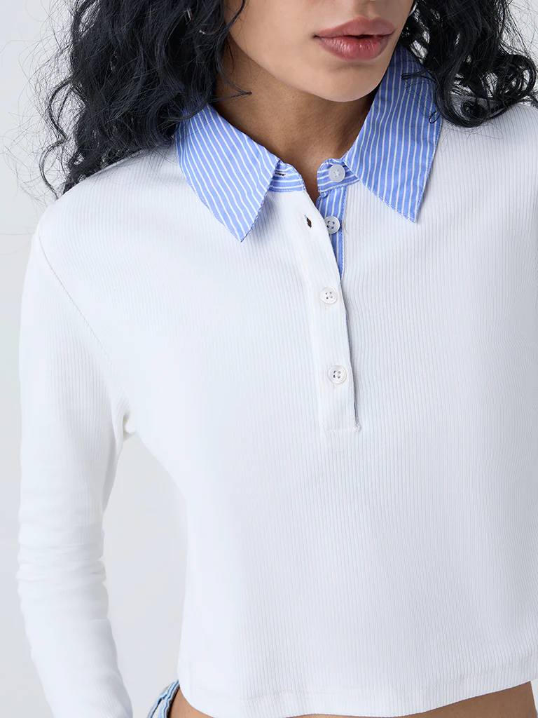 Nuon White Ribbed-Textured Cotton-Blend T-Shirt - Image 3