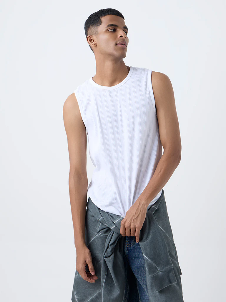 Nuon White Ribbed-Textured Slim-Fit Cotton-Blend T-Shirt