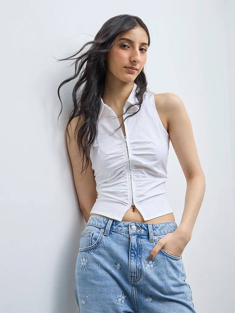 Nuon White Ruched Cotton-Blend Blouse