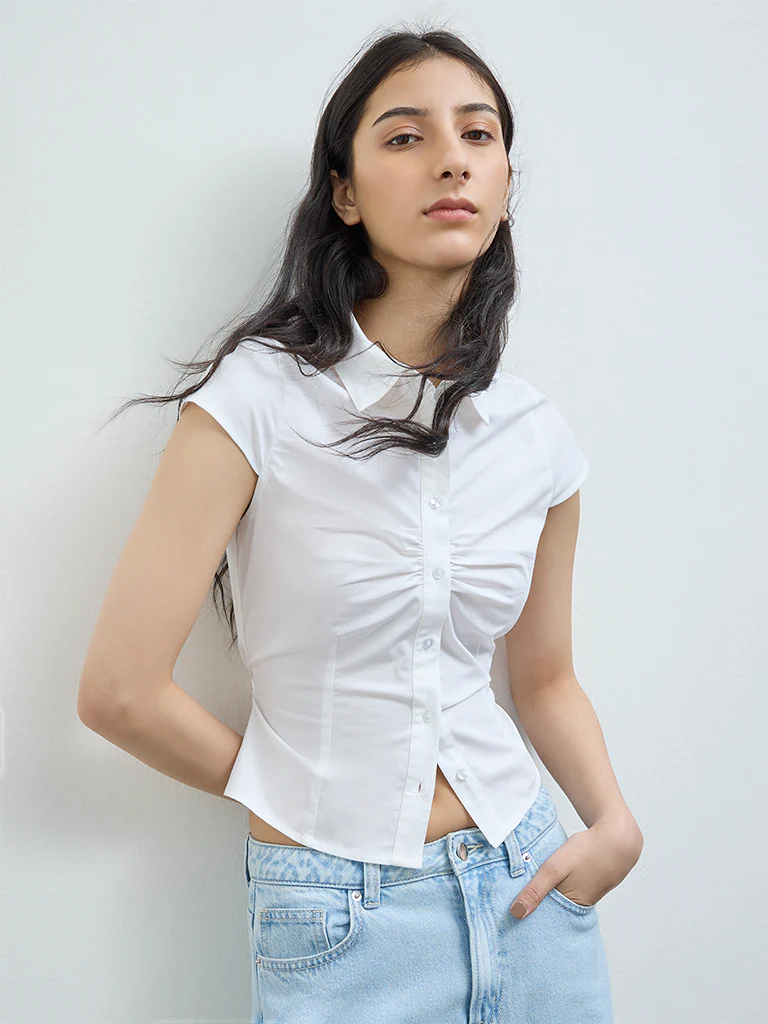 Nuon White Ruched Cotton Shirt